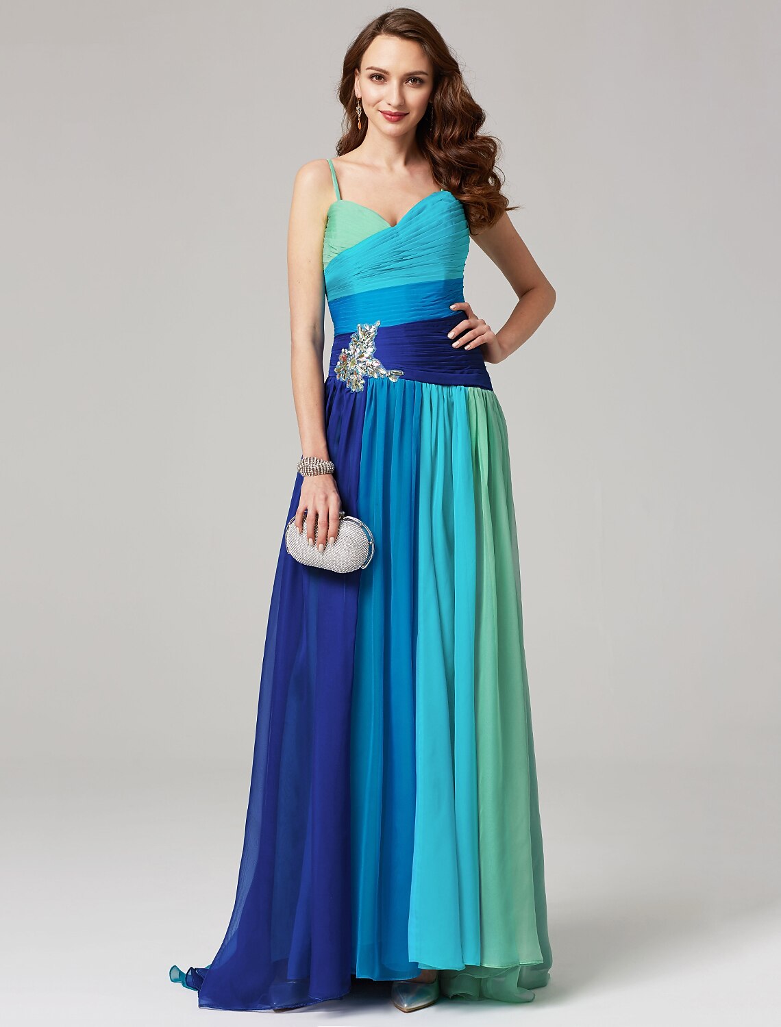 Wholesa A-Line Color Block Dress Wedding Guest Formal Evening Sweep / Brush Train Sleeveless Sweetheart Chiffon Backless with Pleats Ruched Crystals