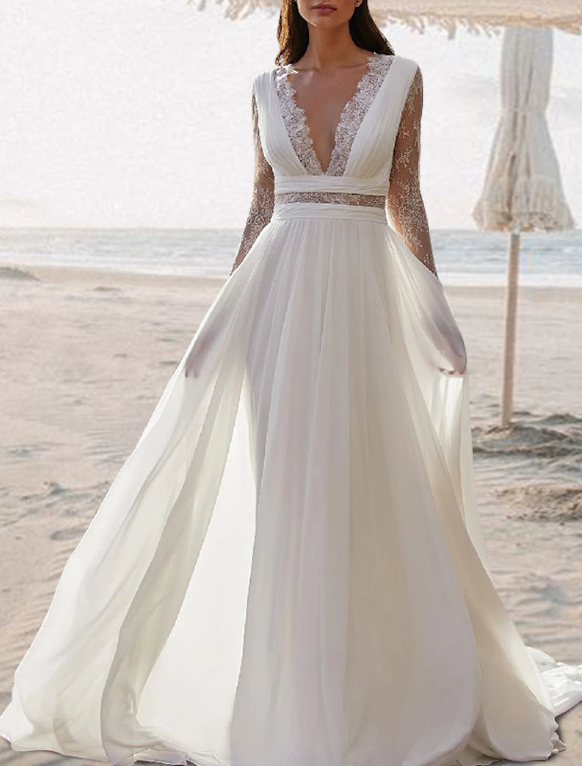 Wholesa Beach Open Back Boho Wedding Dresses A-Line V Neck Sleeveless Floor Length Chiffon Bridal Gowns With Pleats