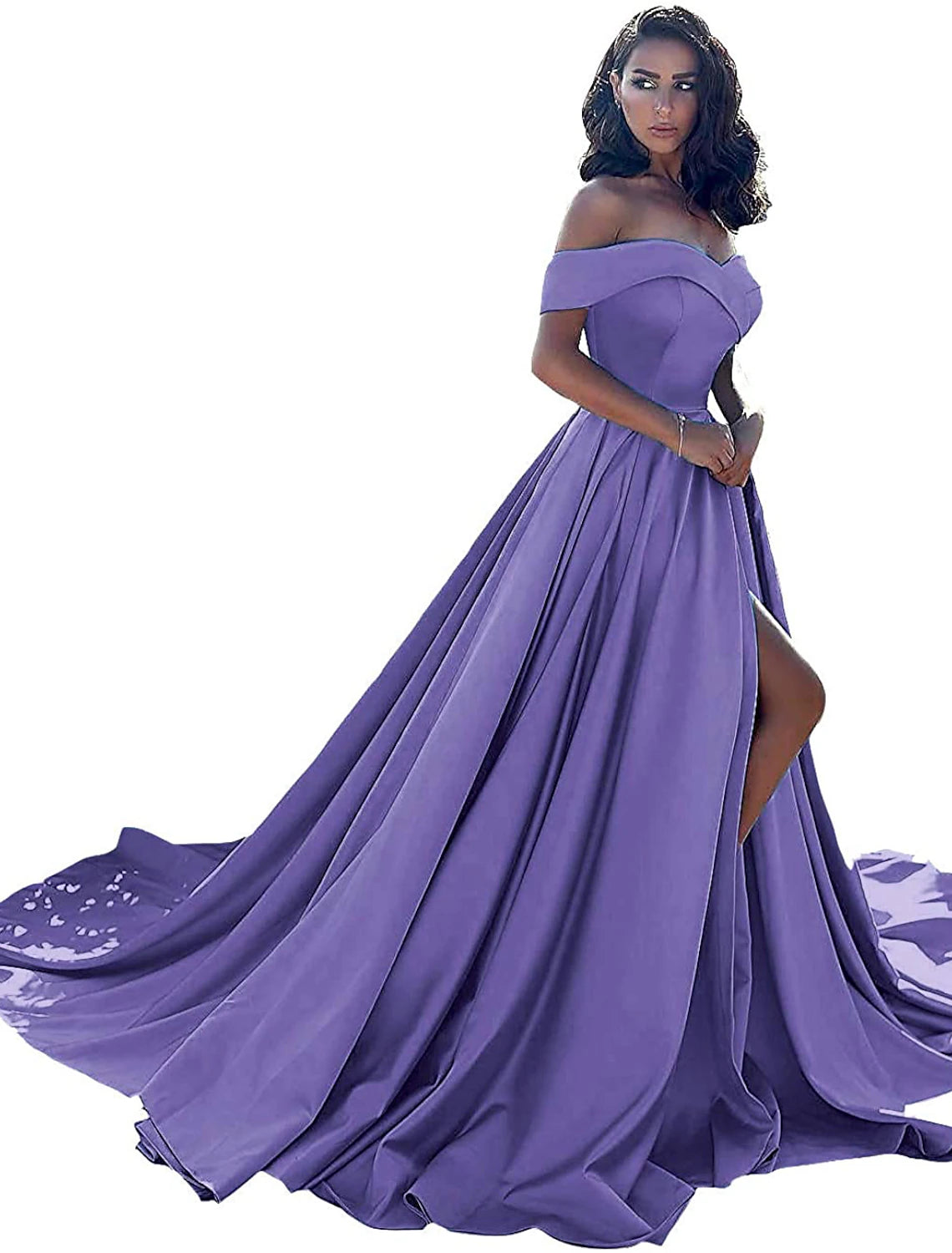 wholesa A-Line Minimalist Sexy Prom Formal Evening Dress Off Shoulder Sleeveless Chapel Train Satin with Split Front