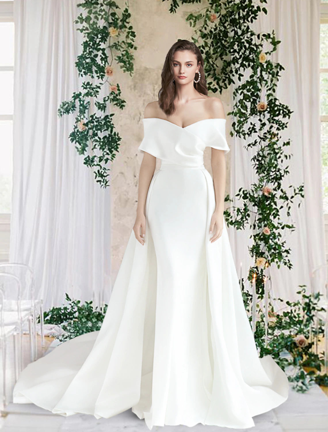 wholesale  Hall Casual Fall Wedding Dresses Sheath / Column Off Shoulder Cap Sleeve Chapel Train Satin Bridal Gowns With Ruched