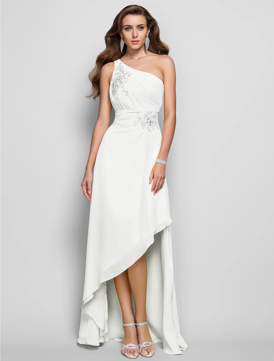 Wholesa Sheath / Column Elegant Dress Wedding Guest Cocktail Party Asymmetrical Sleeveless One Shoulder Bridesmaid Dress Chiffon with Beading Slit Appliques