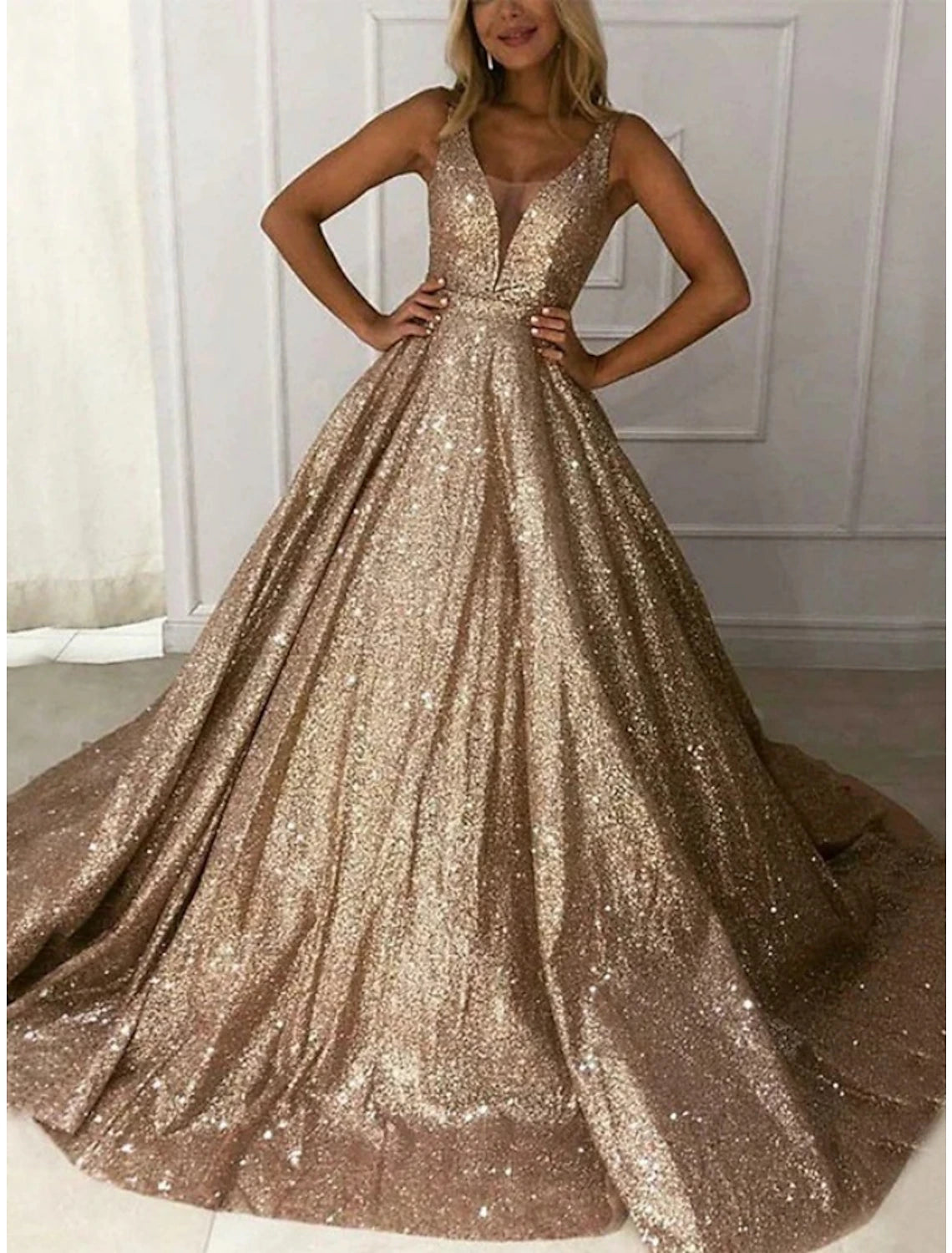 Wholesa  A-Line Prom Dresses Elegant Dress Formal Court Train Sleeveless V Neck Sequined with Glitter Pleats