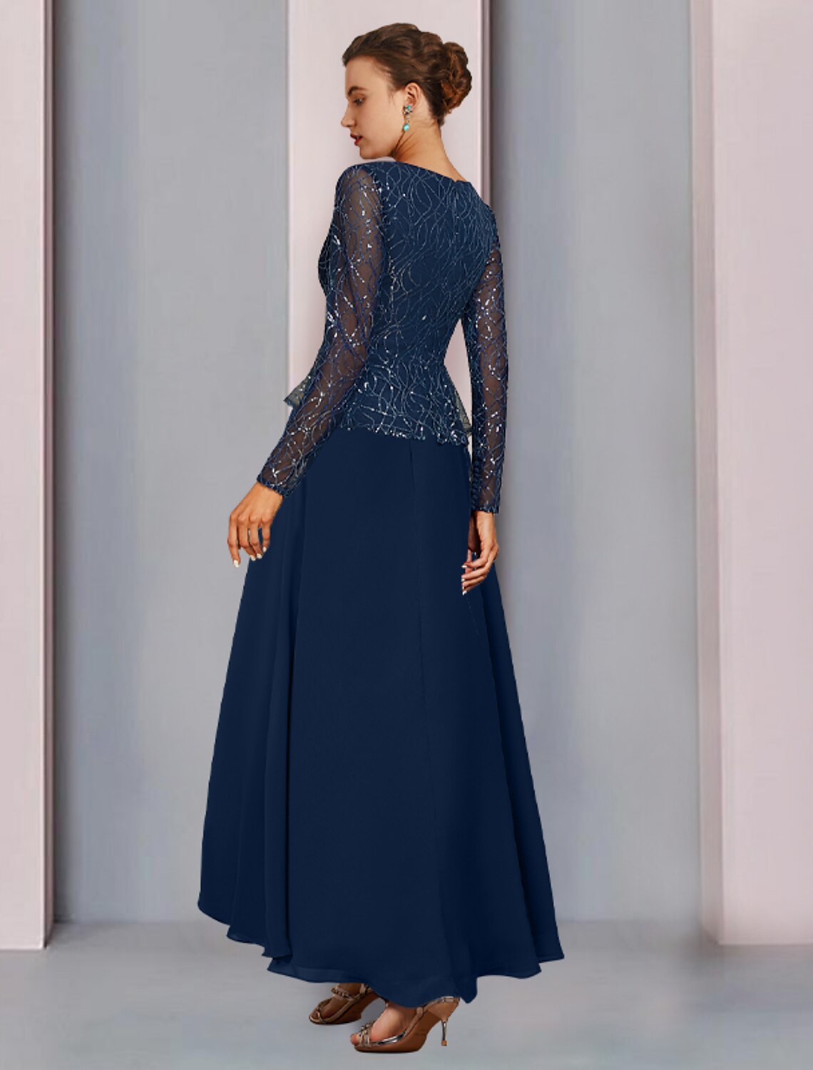 wholesale  Sheath / Column Mother of the Bride Dress Wedding Guest Elegant Sparkle & Shine V Neck Asymmetrical Chiffon Lace Sequined Long Sleeve with Pleats