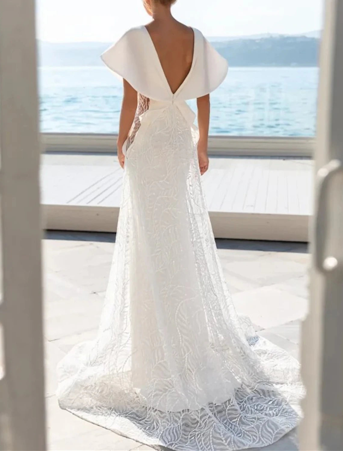 Wholesa Beach Formal Wedding Dresses A-Line V Neck Cap Sleeve Sweep / Brush Train Lace Bridal Gowns With Appliques Solid Color
