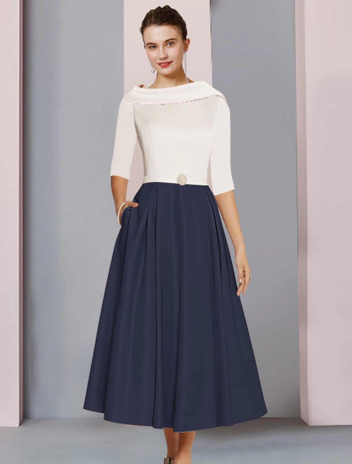 wholesale  A-Line Mother of the Bride Dress Wedding Guest Elegant Scoop Neck Tea Length Satin Half Sleeve with Pleats Crystal Brooch Color Block