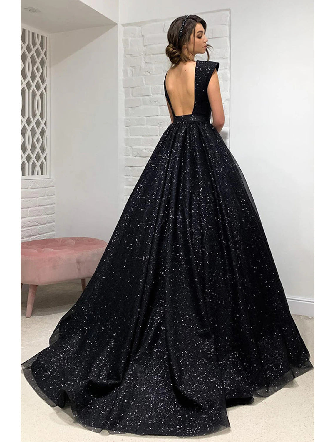 wholesale  Ball Gown A-Line Prom Dresses Sparkle & Shine Dress Formal Prom Sweep / Brush Train Sleeveless V Neck Wednesday Addams Family Tulle Backless with Pleats