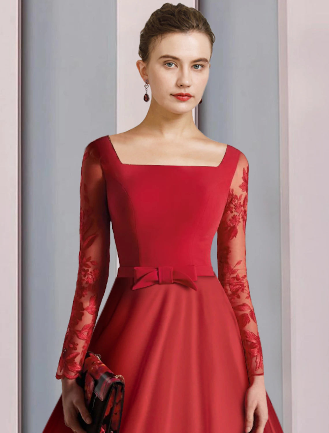 wholesale  A-Line Mother of the Bride Dress Formal Wedding Guest Vintage Elegant Square Neck Tea Length Satin Lace Stretch Fabric Long Sleeve with Bow(s) Appliques