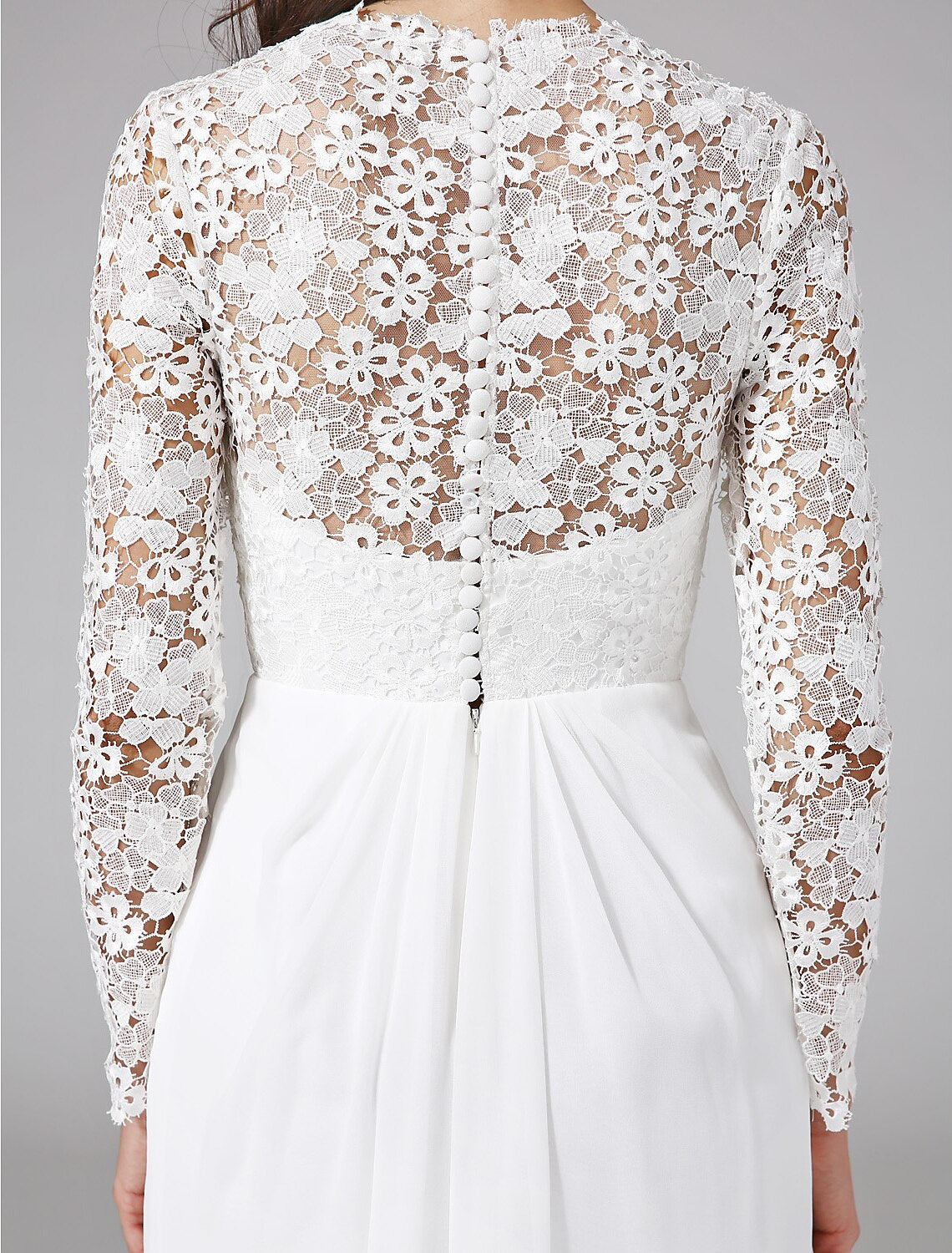 wholesale  Beach Royal Style Boho Wedding Dresses Sheath / Column Illusion Neck Long Sleeve Sweep / Brush Train Chiffon Bridal Gowns With Lace Button