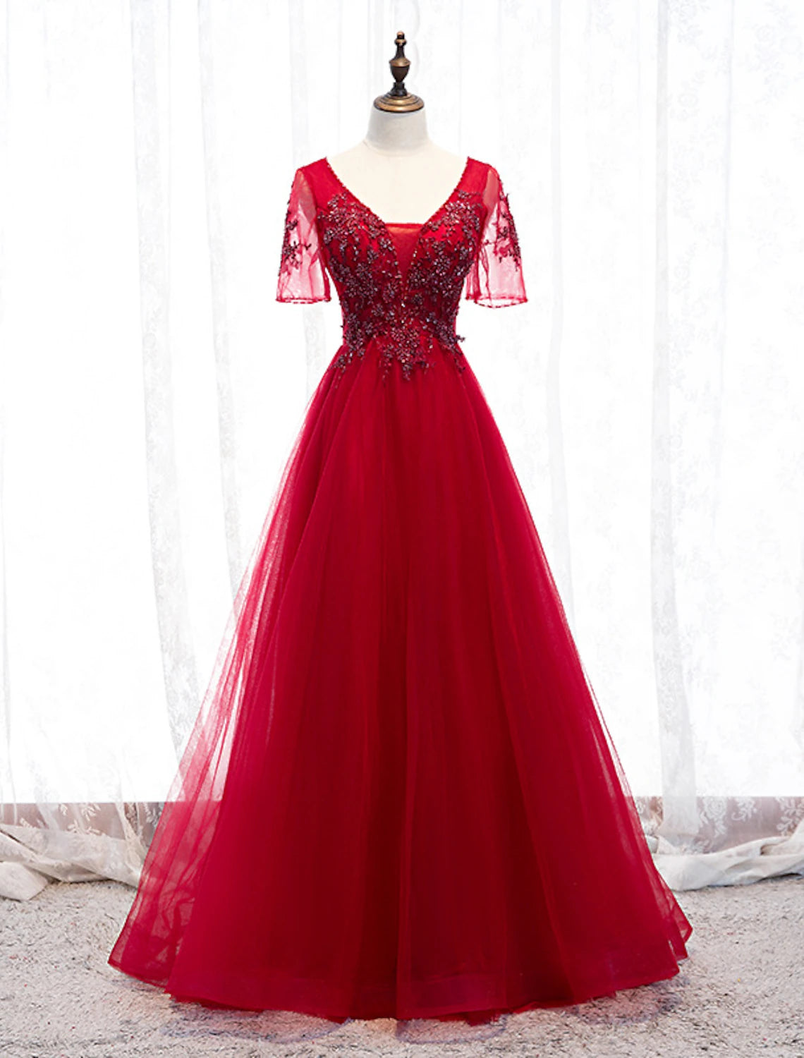 wholesale  A-Line Prom Dresses Luxurious Dress Wedding Guest Formal Evening Floor Length Short Sleeve Spaghetti Strap Tulle with Beading Appliques