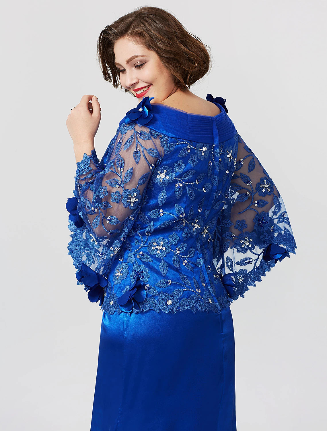 wholesale  Mermaid / Trumpet Mother of the Bride Dress Formal Plus Size Elegant Bateau Neck Sweep / Brush Train Lace Over Charmeuse Long Sleeve No with Pleats Ruffles