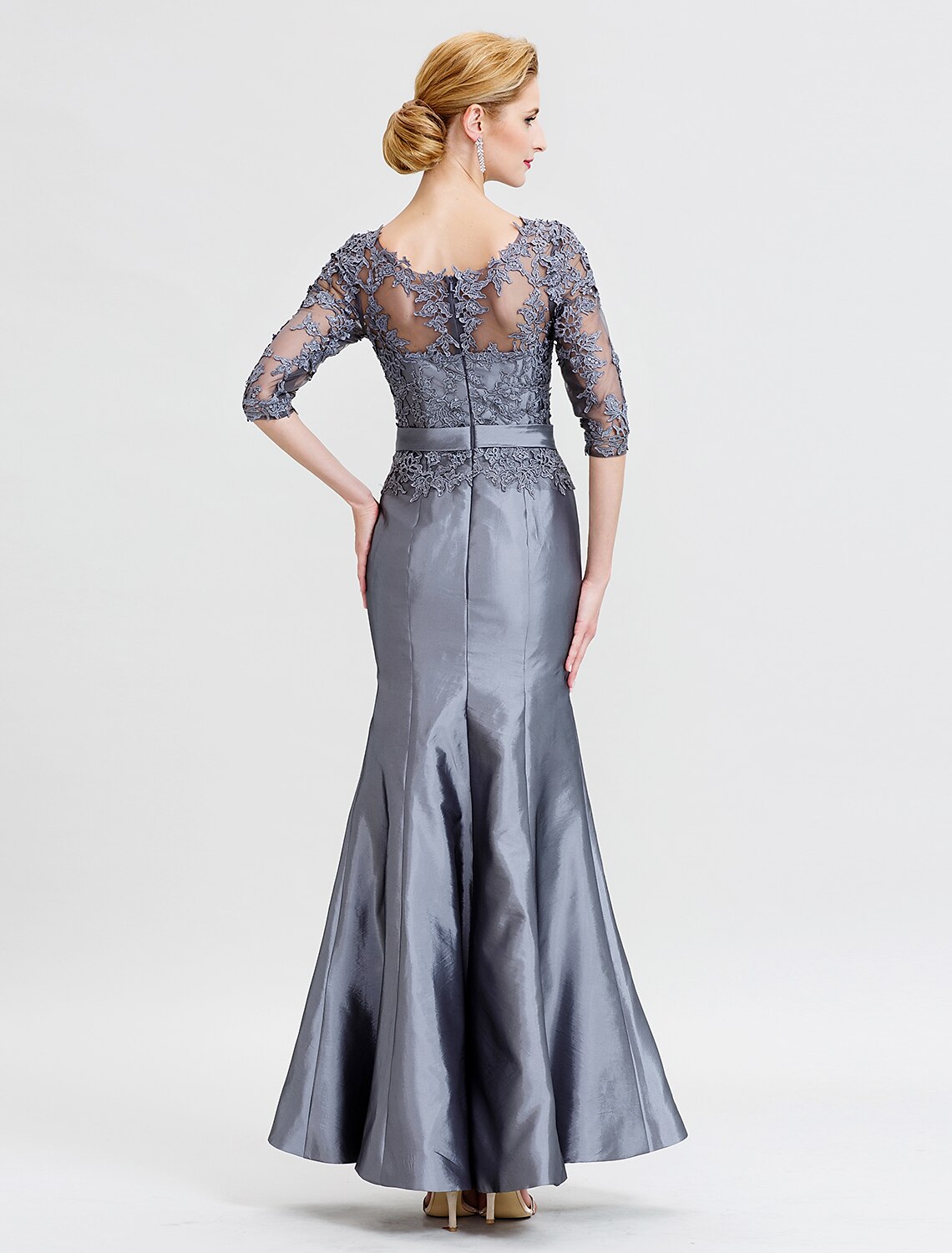 wholesale  Mermaid / Trumpet Mother of the Bride Dress Beautiful Back See Through Illusion Detail Jewel Neck Floor Length Taffeta Corded Lace 3/4 Length Sleeve with Beading