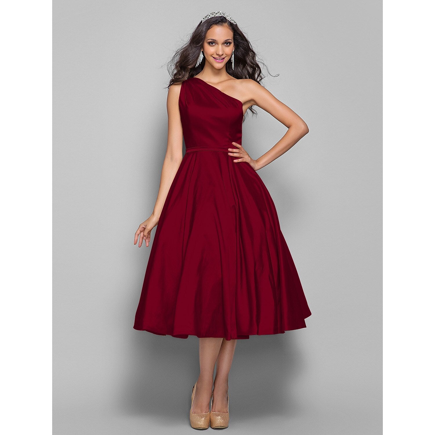 wholesale  A-Line Minimalist Elegant Cocktail Party Wedding Party Dress One Shoulder Sleeveless Tea Length Taffeta with Sash / Ribbon