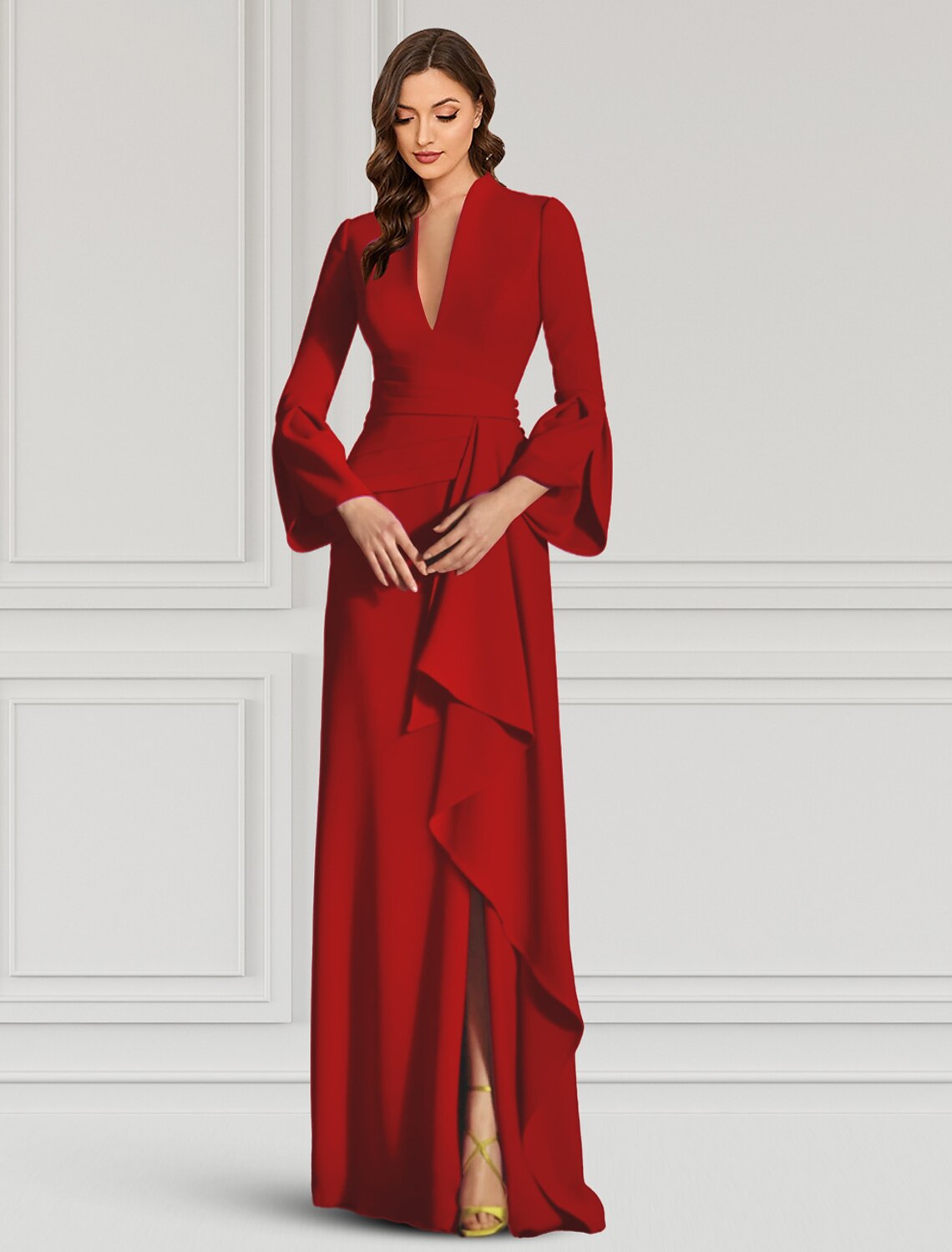 Wholesa  Sheath Evening Gown Elegant Black Dress Formal Cocktail Party Dress Floor Length Long Sleeve V Neck Fall Wedding Guest Stretch Fabric with Ruffles