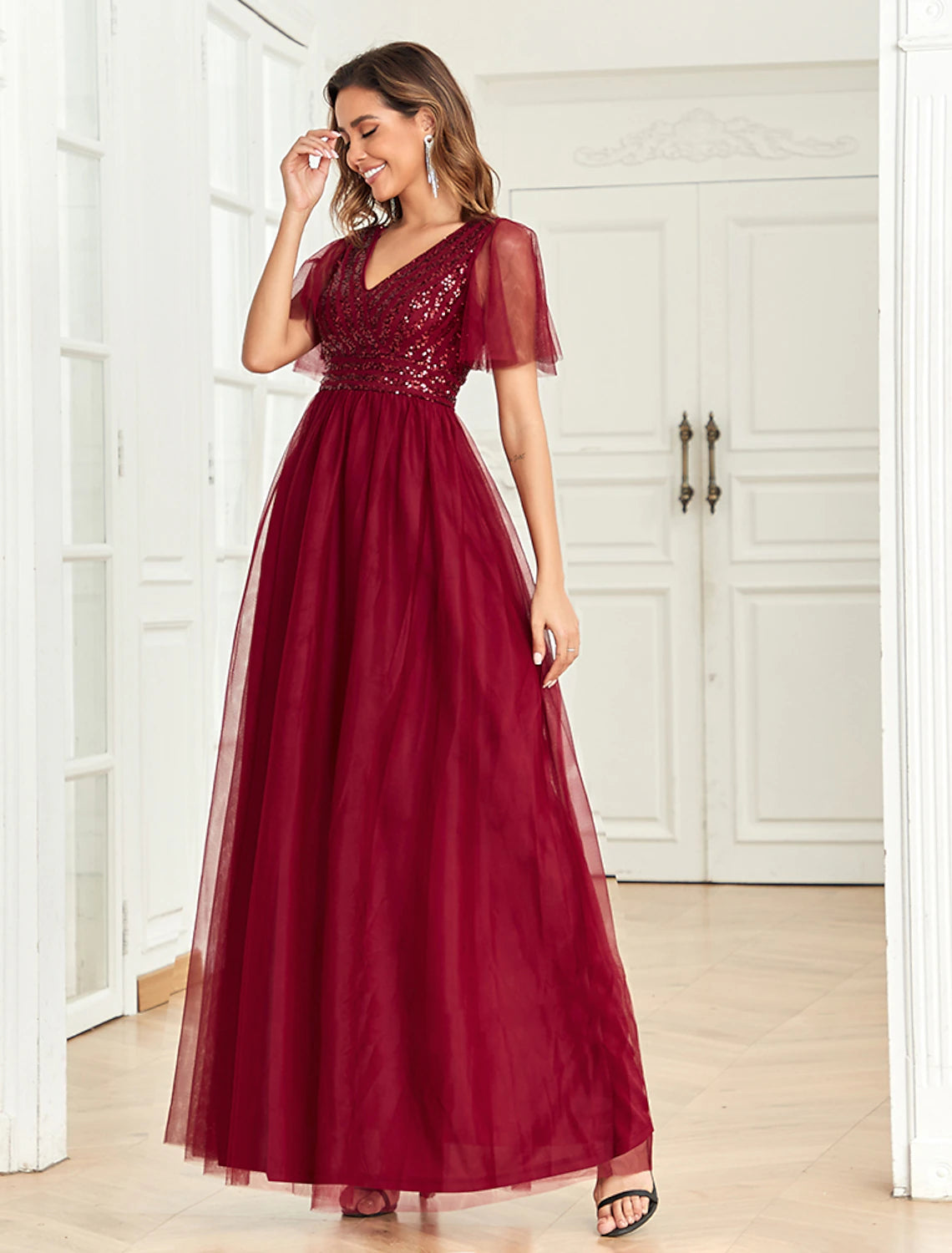 Wholesa A-Line Party Dresses Empire Dress Party Wear Wedding Party Floor Length Short Sleeve V Neck Tulle V Back with Glitter Sequin