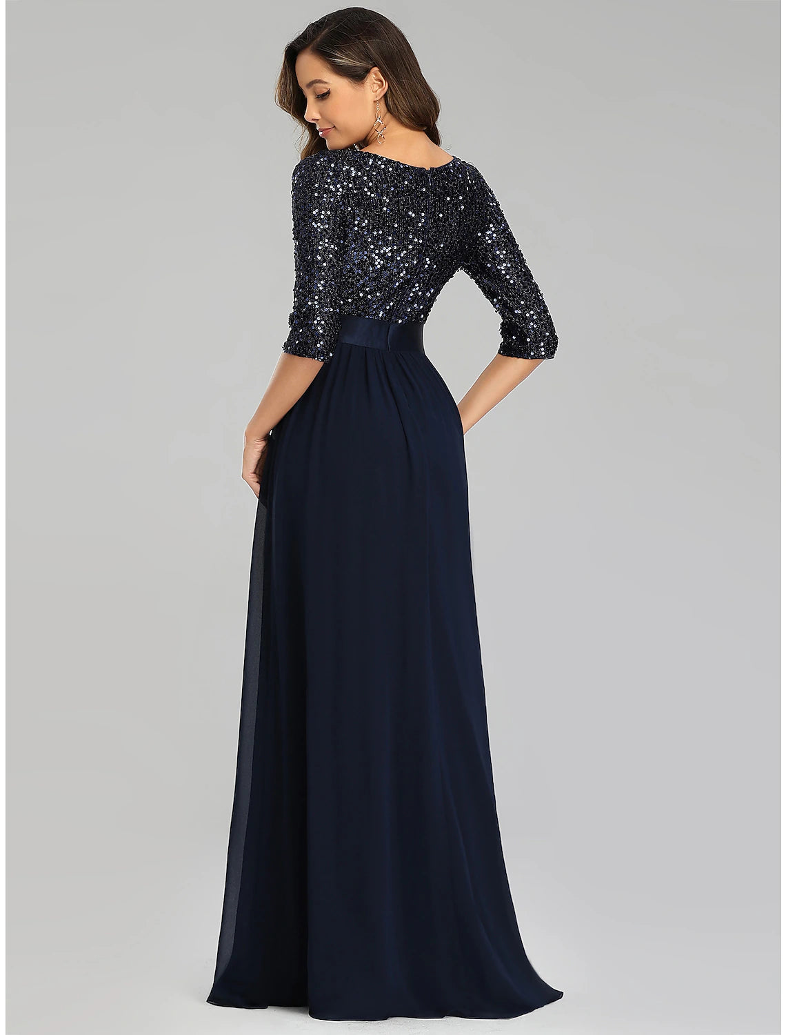 wholesa A-Line Elegant Wedding Guest Formal Evening Dress Jewel Neck 3/4 Length Sleeve Floor Length Tulle with Sequin