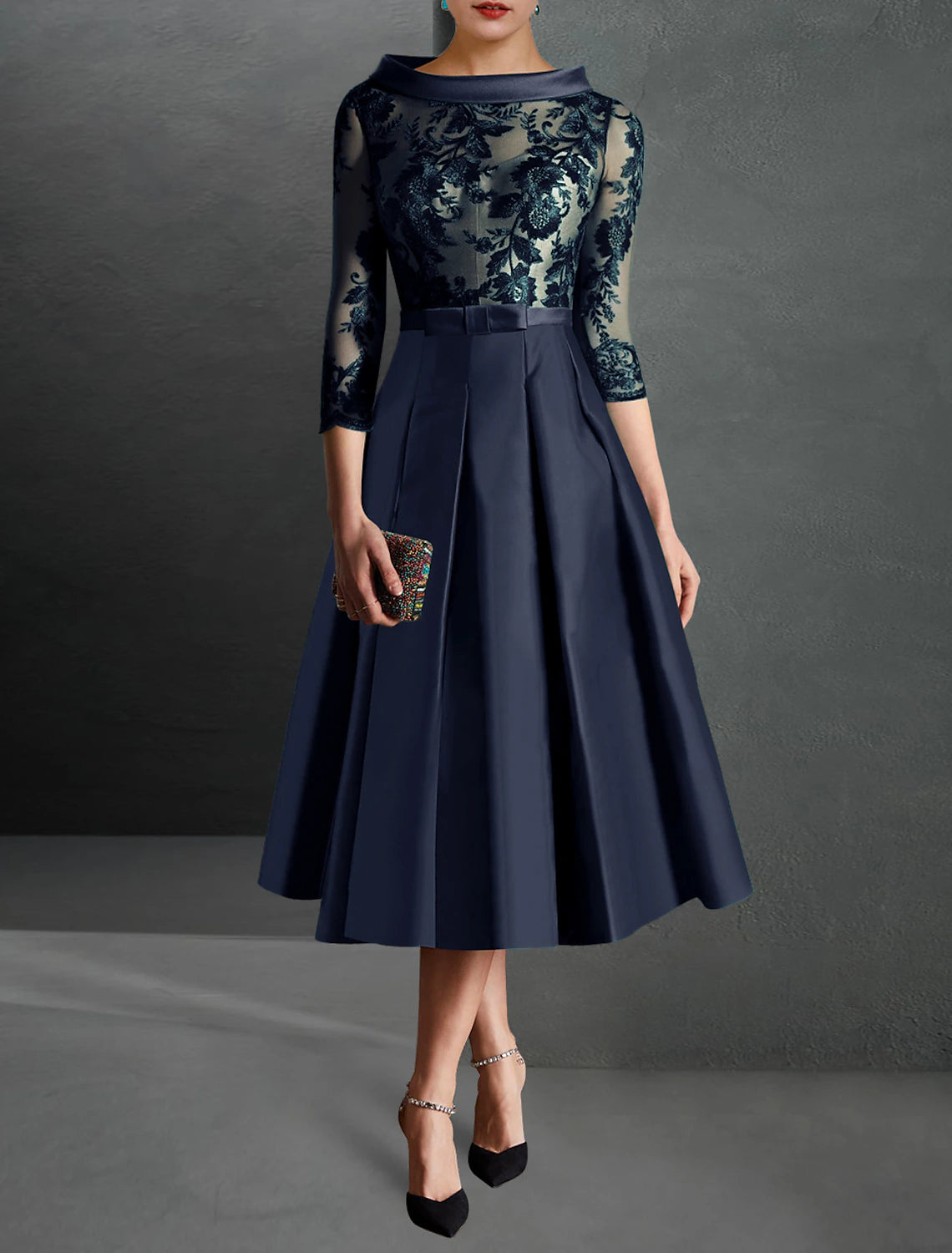 Wholesa A-Line Cocktail Dress Red Green Dresses Formal Kentucky Derby Tea Length 3/4 Length Sleeve Jewel Neck Fall Wedding Guest Satin with Pleats Appliques