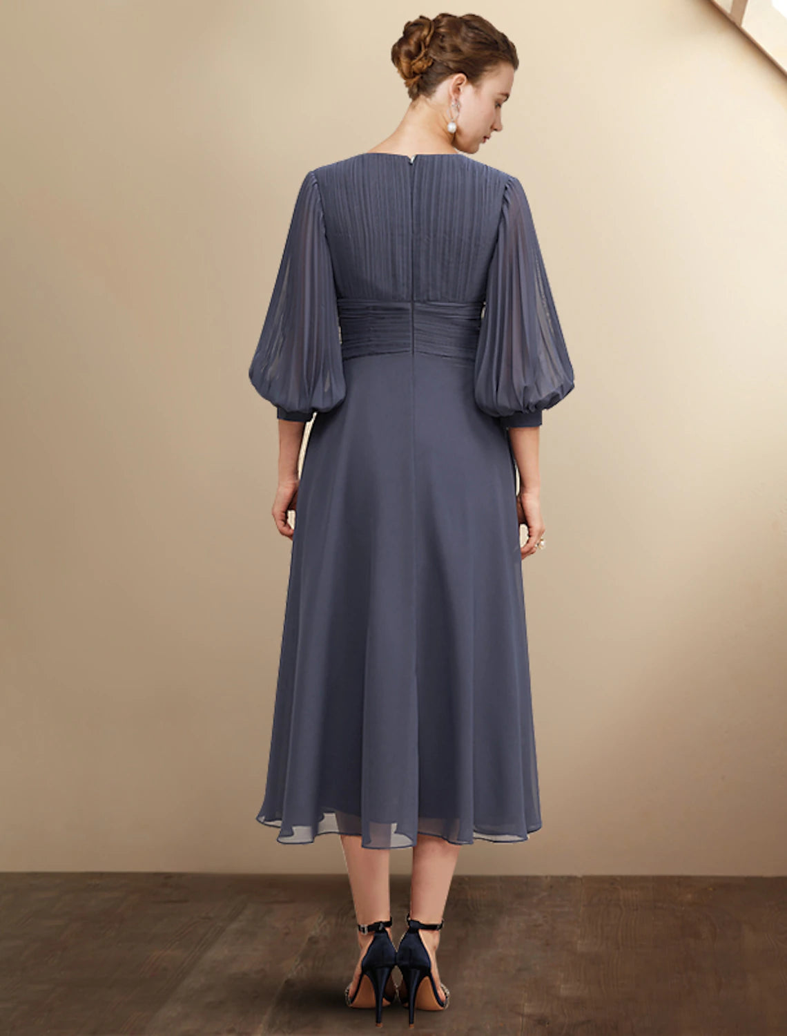 wholesale  A-Line Mother of the Bride Dress Plus Size Elegant V Neck Tea Length Chiffon 3/4 Length Sleeve with Pleats Ruched