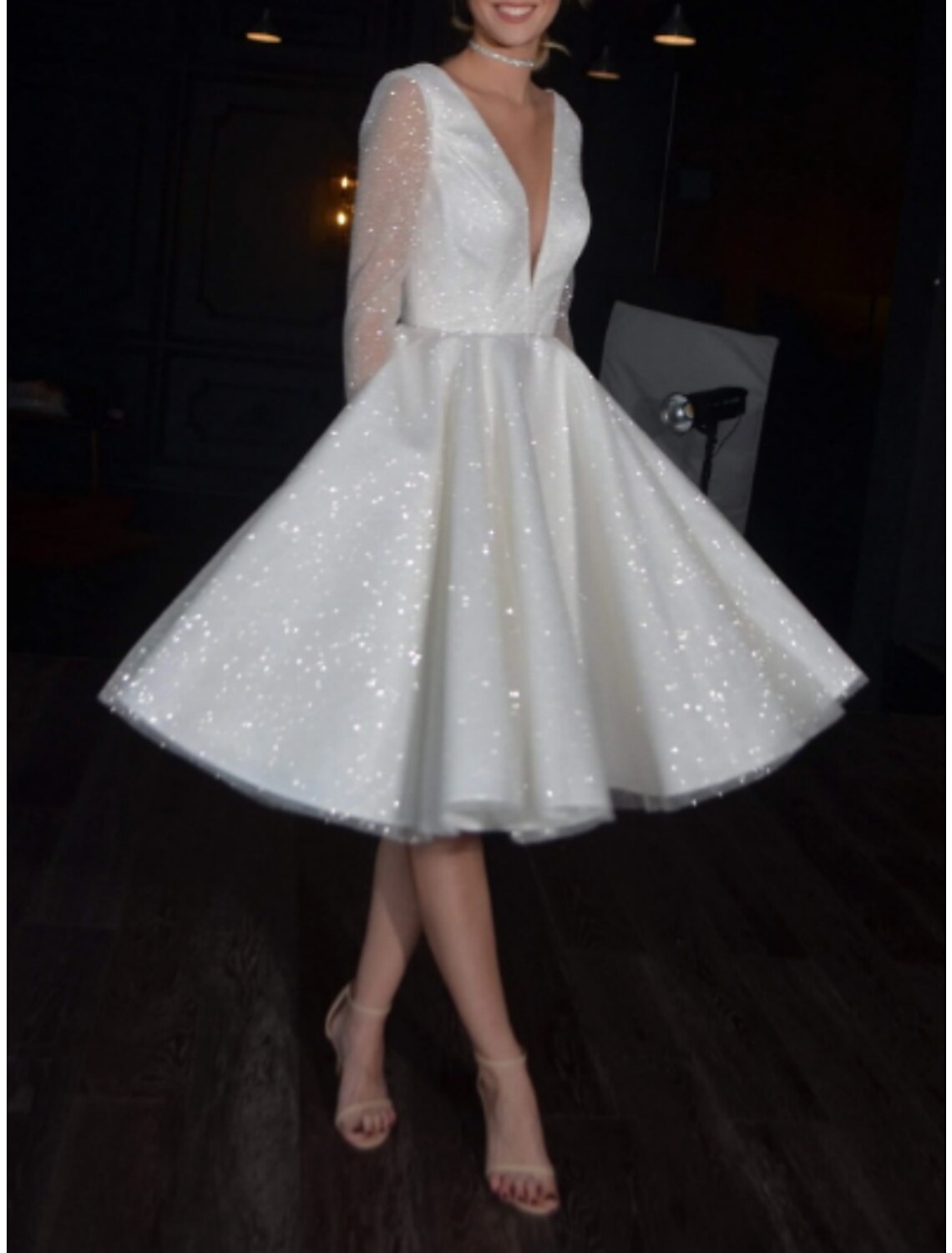 Wholesa  Little White Dresses Wedding Dresses A-Line V Neck Long Sleeve Knee Length Sequined Bridal Gowns With Pleats Solid Color