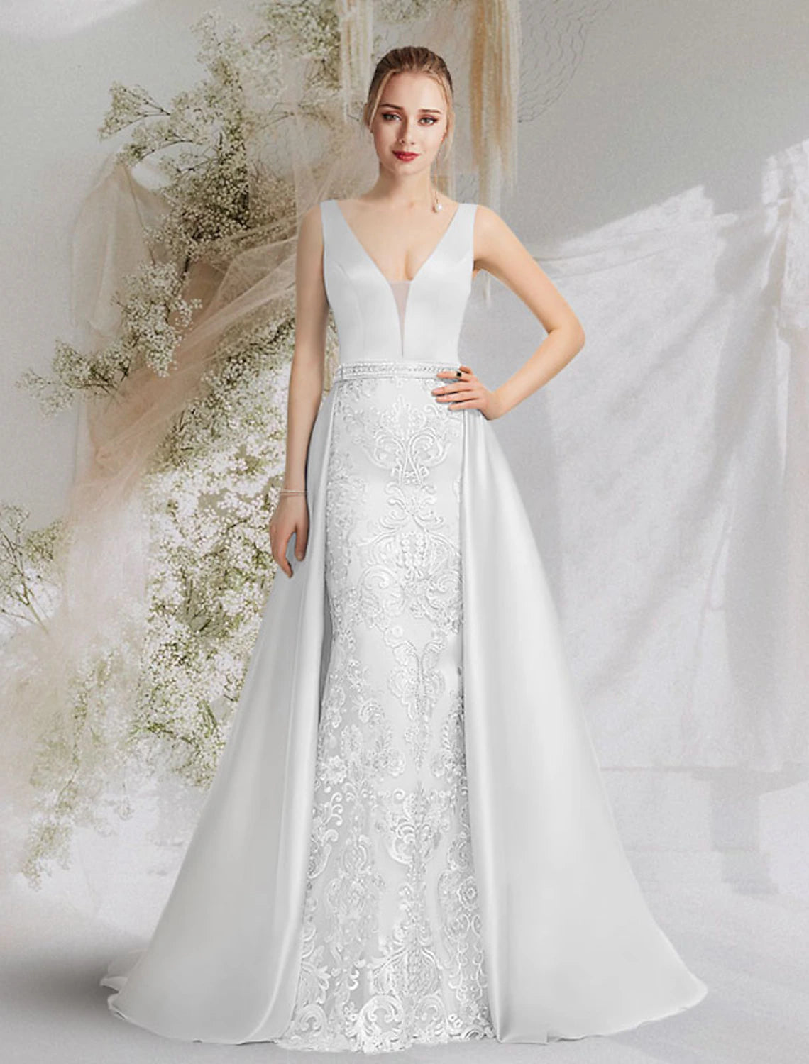 Wholesa Mermaid / Trumpet Prom Dresses Luxurious Dress Formal Evening Birthday Court Train Sleeveless V Neck Satin with Overskirt Appliques