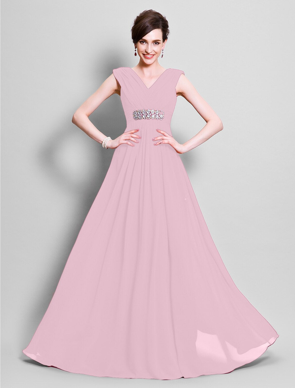 wholesale   A-Line Mother of the Bride Dress V Neck Floor Length Chiffon Sleeveless with Beading Side Draping