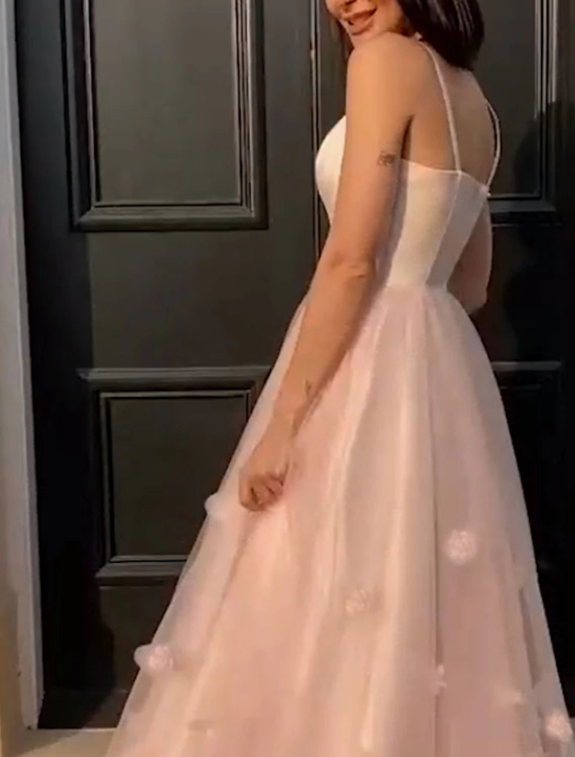 Wholesa A-Line Prom Party Dress Floral Dress Performance Sweet 16 Floor Length Sleeveless Spaghetti Strap Tulle with Pleats Appliques