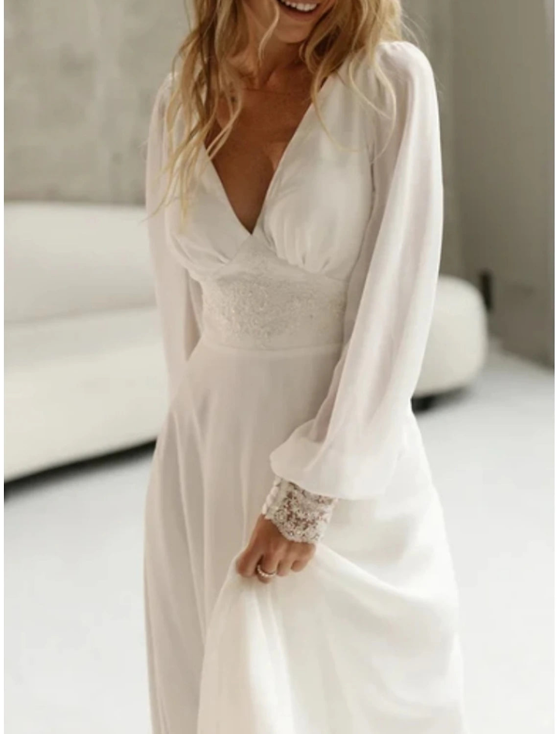 Wholesa Beach Simple Wedding Dresses Formal Wedding Dresses A-Line Illusion Neck Long Sleeve Floor Length Tulle Bridal Gowns With Ruched Beading
