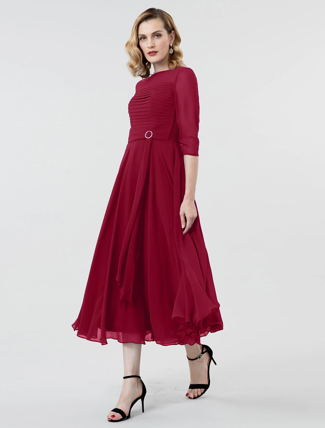 Wholesa A-Line Elegant Formal Evening Wedding Party Dress Boat Neck 3/4 Length Sleeve Tea Length Georgette with Ruched Crystal Brooch / Illusion Sleeve