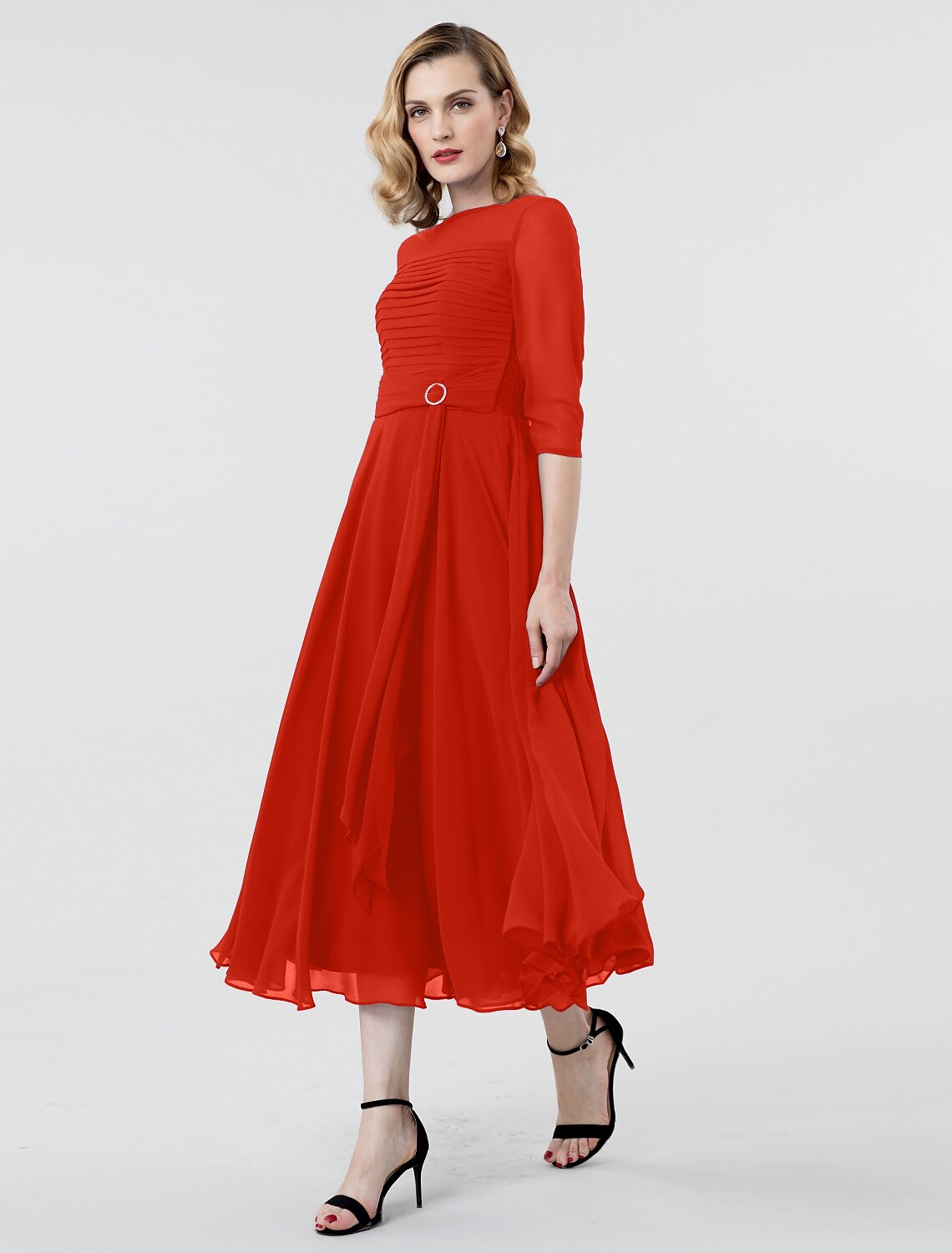 Wholesa A-Line Elegant Formal Evening Wedding Party Dress Boat Neck 3/4 Length Sleeve Tea Length Georgette with Ruched Crystal Brooch 2022 / Illusion Sleeve