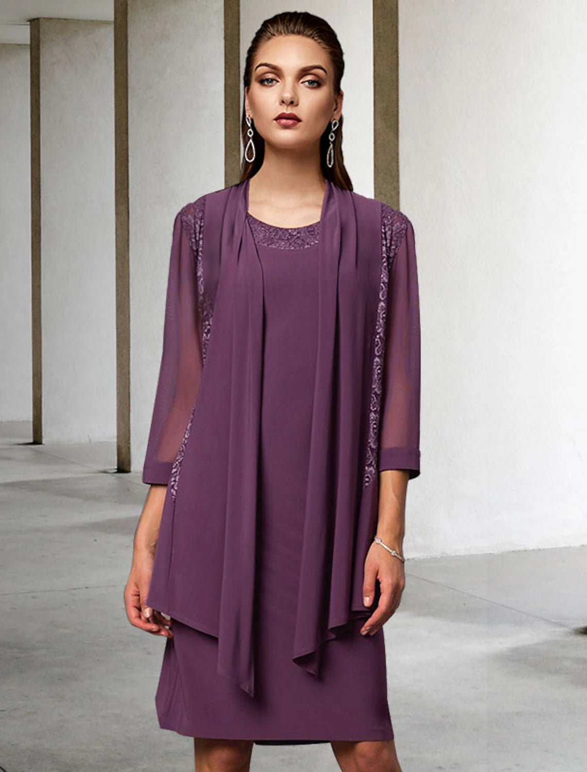 wholesale  Two Piece Sheath / Column Mother of the Bride Dress Elegant Jewel Neck Knee Length Chiffon Lace Sleeveless Jacket Dresses with Solid Color