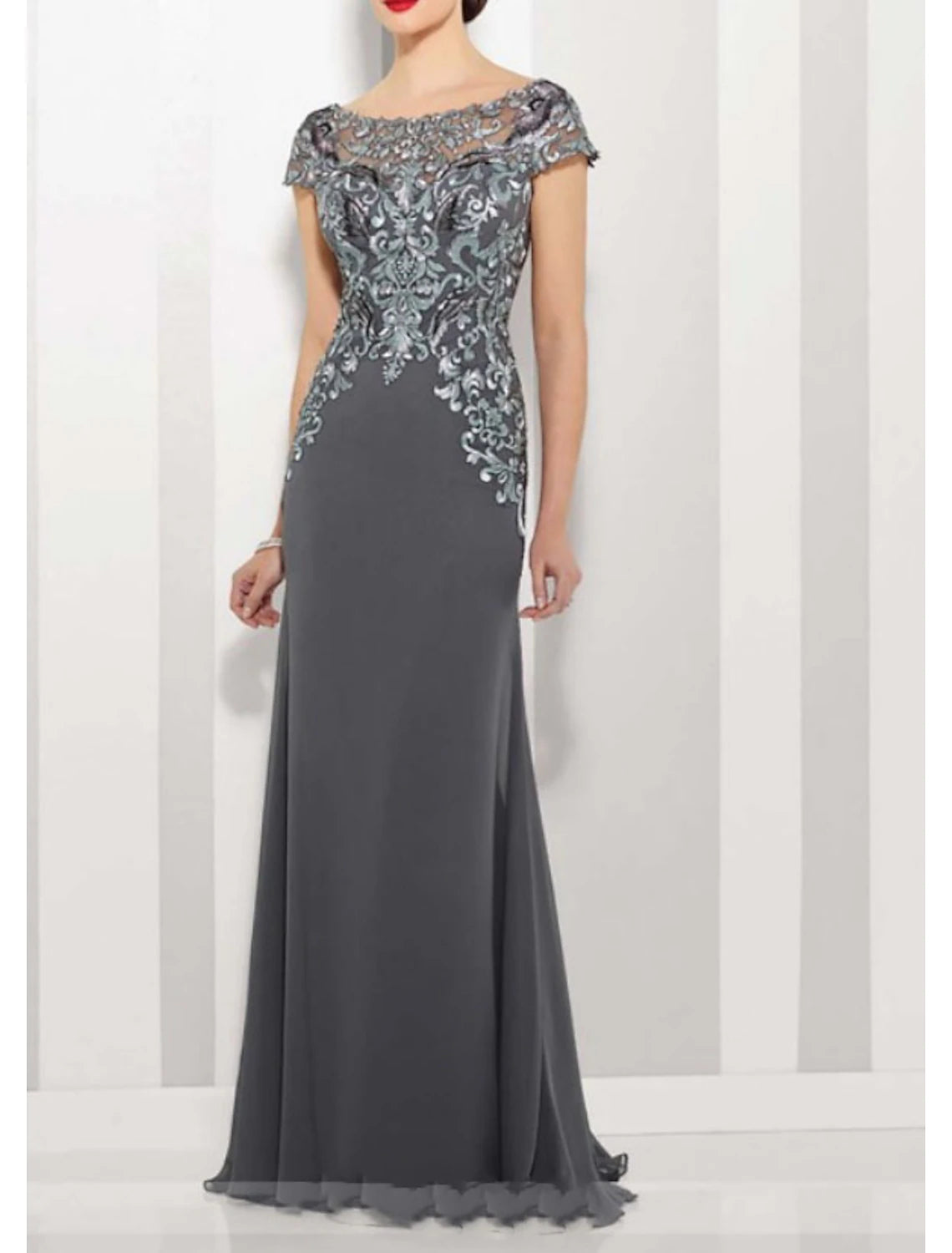 wholesale  A-Line Mother of the Bride Dress Elegant Jewel Neck Floor Length Chiffon Lace Short Sleeve with Lace Appliques