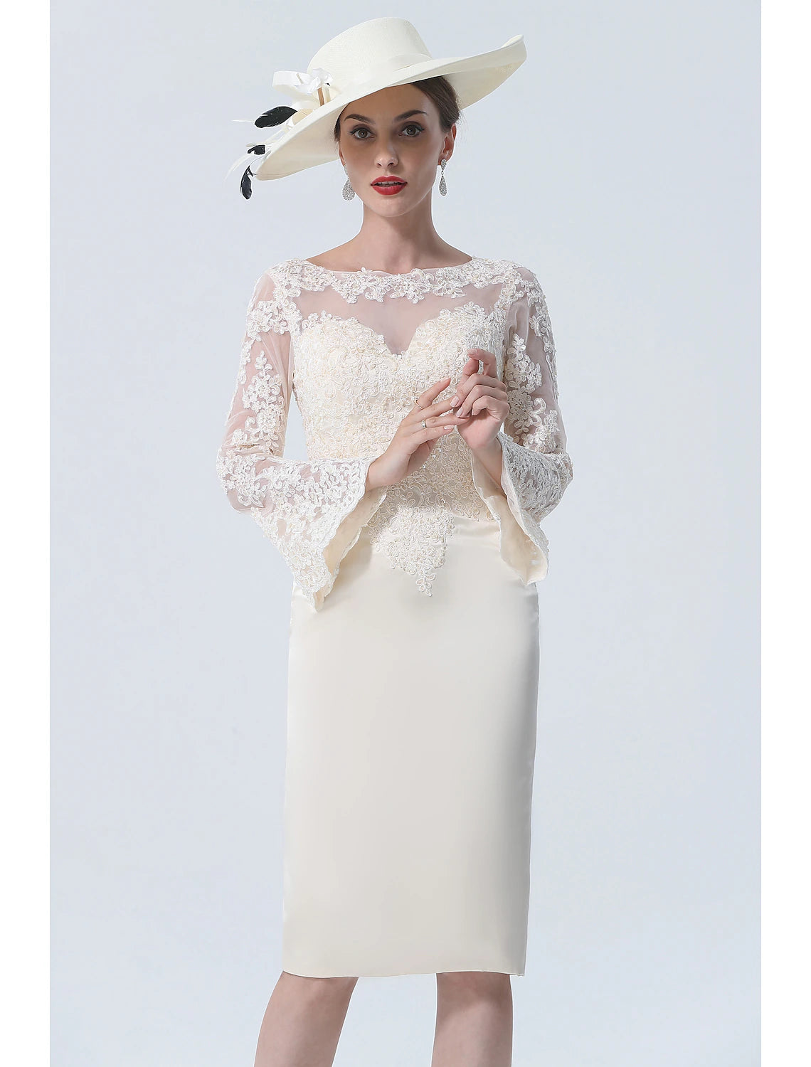 wholesale  Sheath / Column Mother of the Bride Dress Vintage Plus Size Elegant Jewel Neck Knee Length Satin Lace Long Sleeve with Lace
