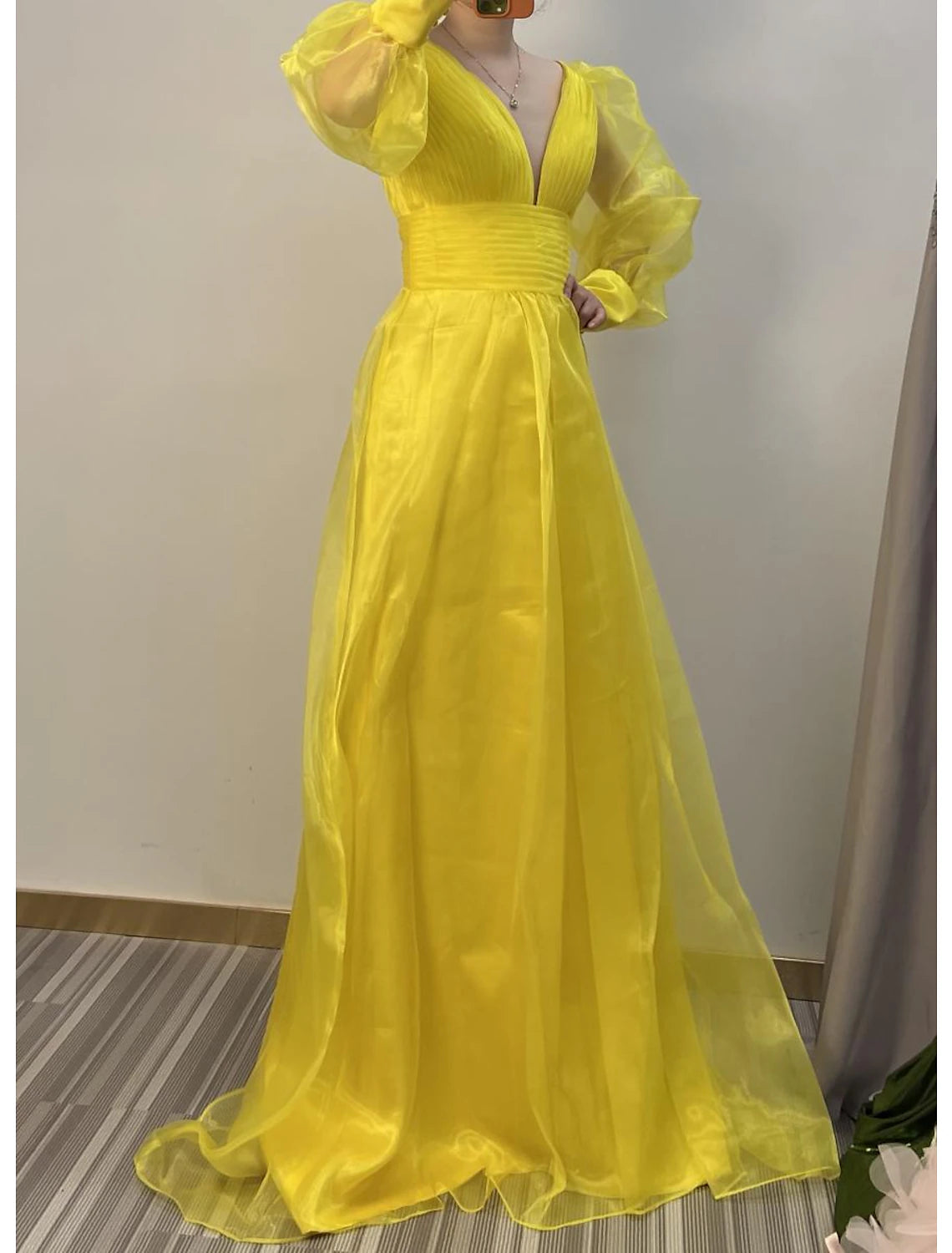 Wholesa A-Line Evening Gown Elegant Dress Engagement Formal Evening Floor Length Long Sleeve V Neck Chiffon with Pleats Ruched