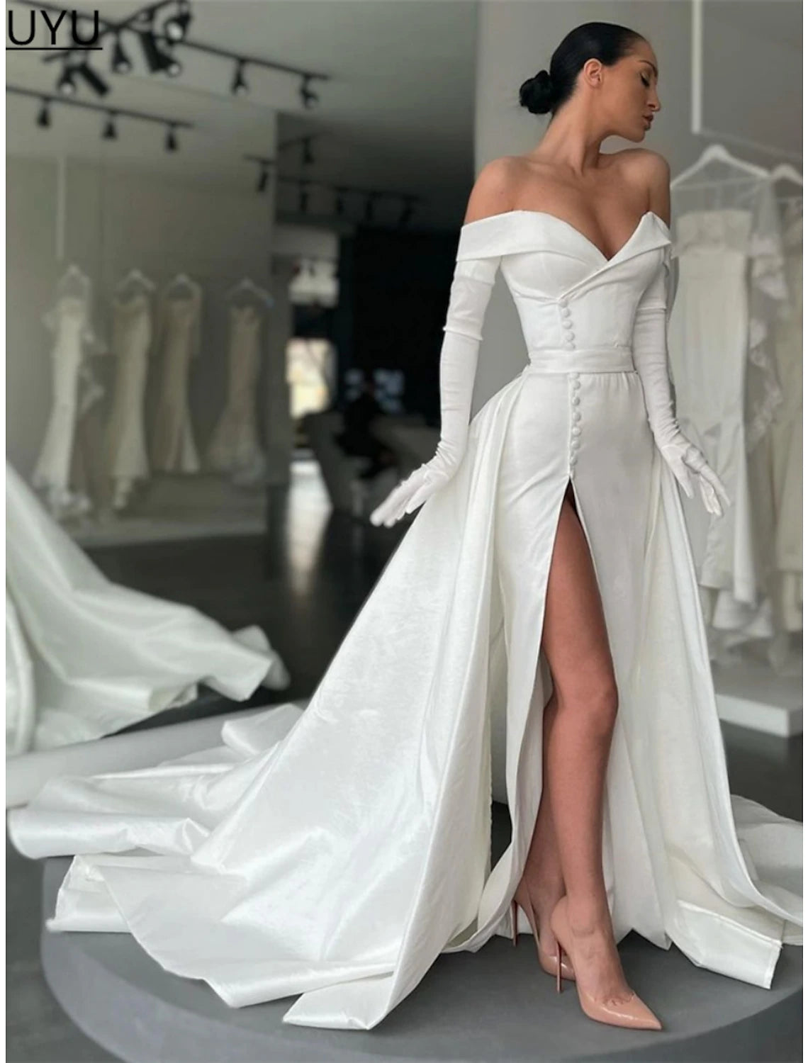 Wholesa A-Line Evening Gown Elegant Dress Formal Court Train Long Sleeve Off Shoulder Satin with Buttons Pleats Slit