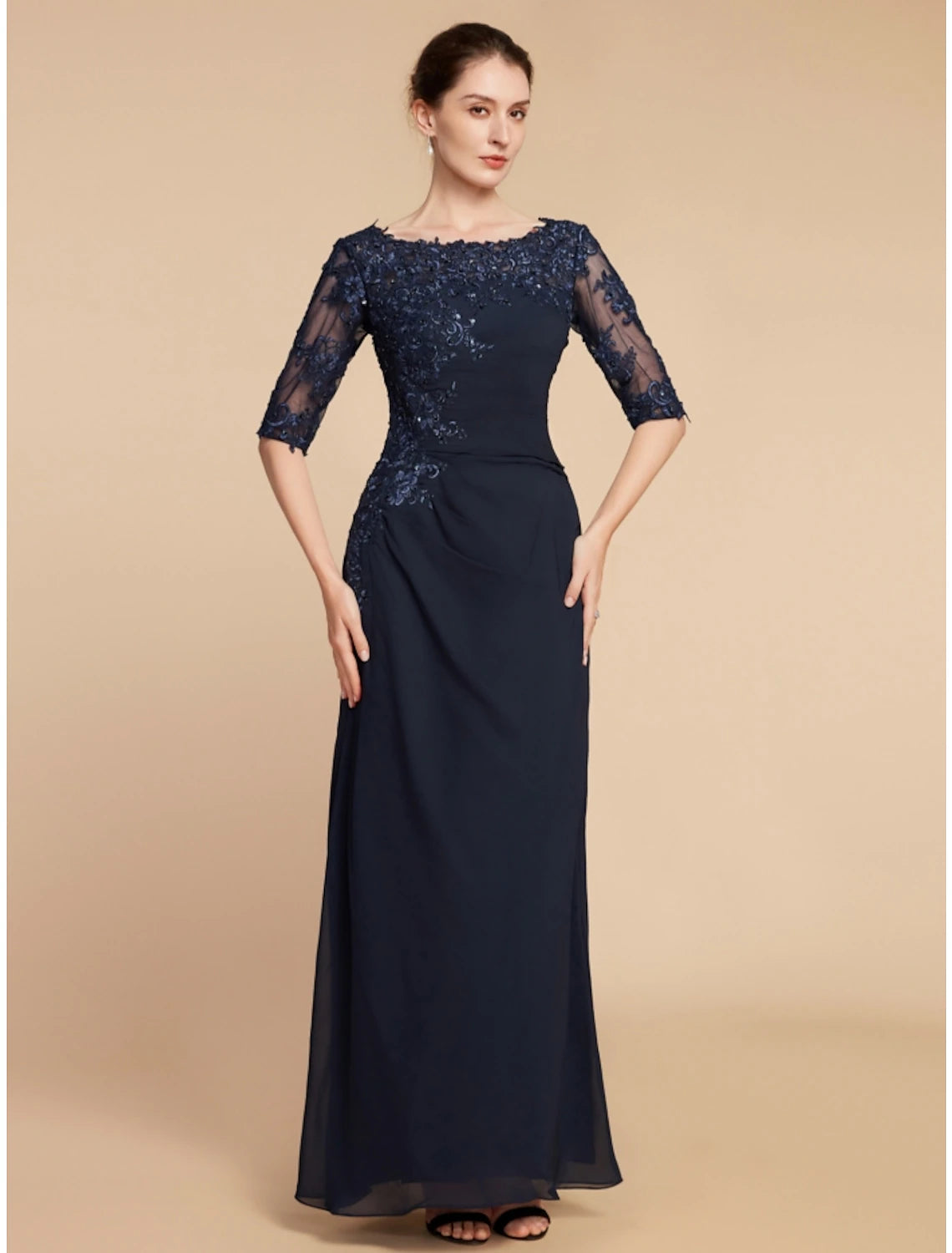 Wholesa Sheath / Column Mother of the Bride Dress Wedding Guest Elegant Scoop Neck Ankle Length Chiffon Lace Half Sleeve with Sequin Ruching Solid Color