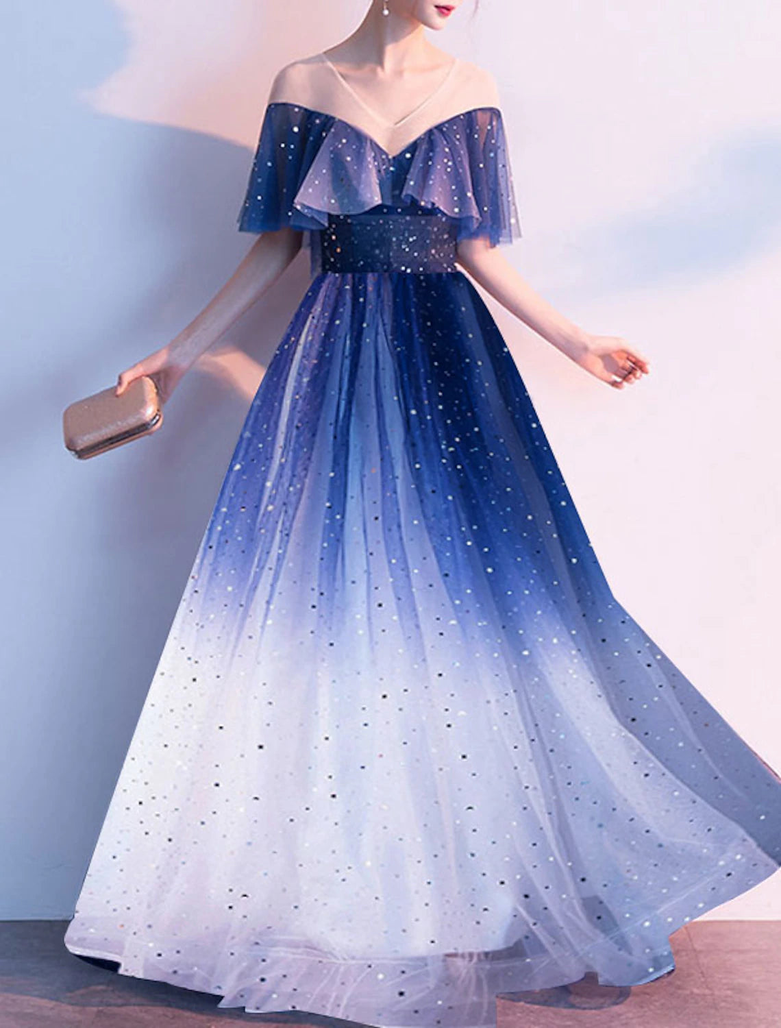 Wholesa  A-Line Glittering Gradient Prom Formal Evening Dress V Neck Half Sleeve Floor Length Tulle with Pleats Sequin