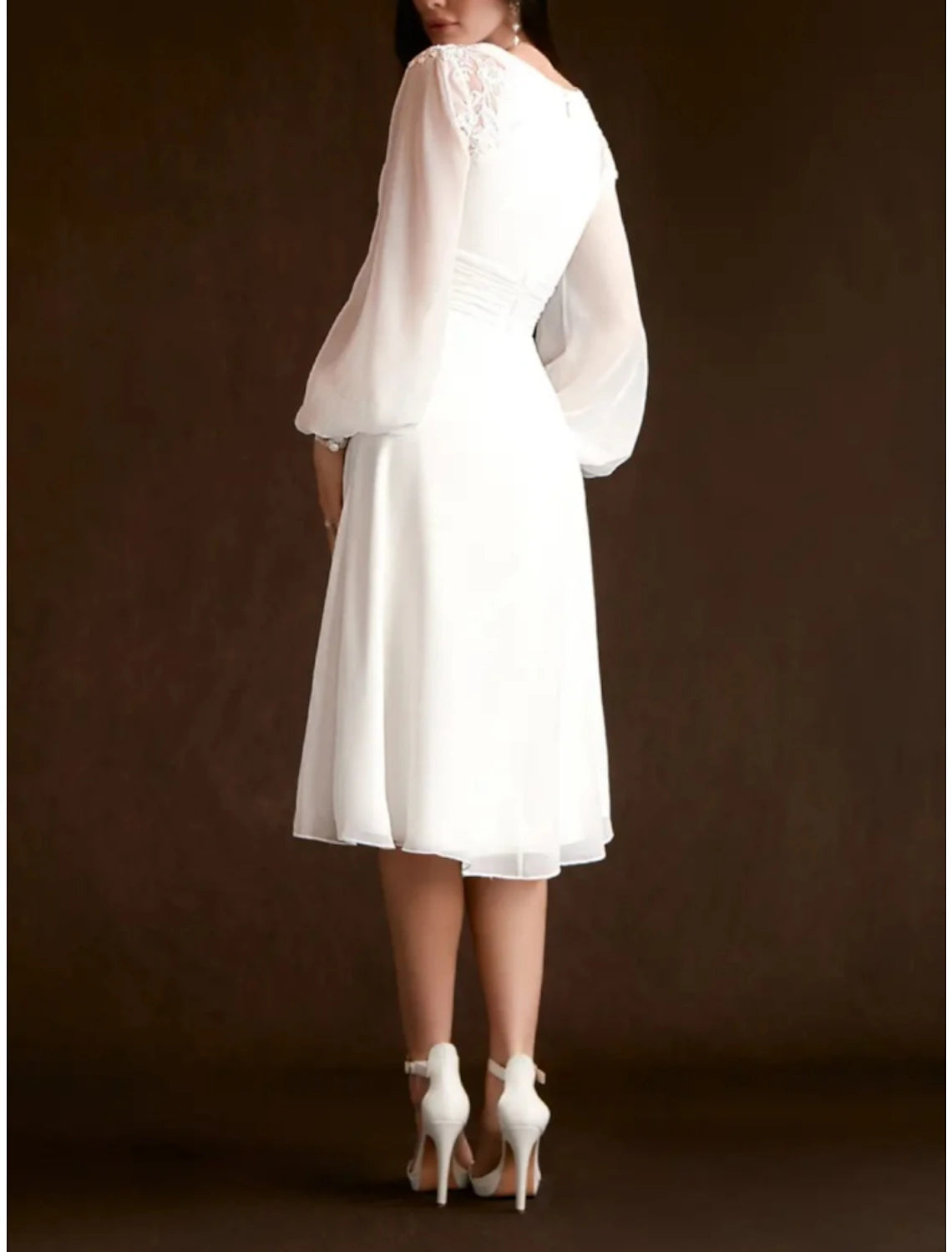 Wholesa Little White Dresses Wedding Dresses A-Line V Neck Long Sleeve Knee Length Chiffon Bridal Gowns With Pleats Ruched