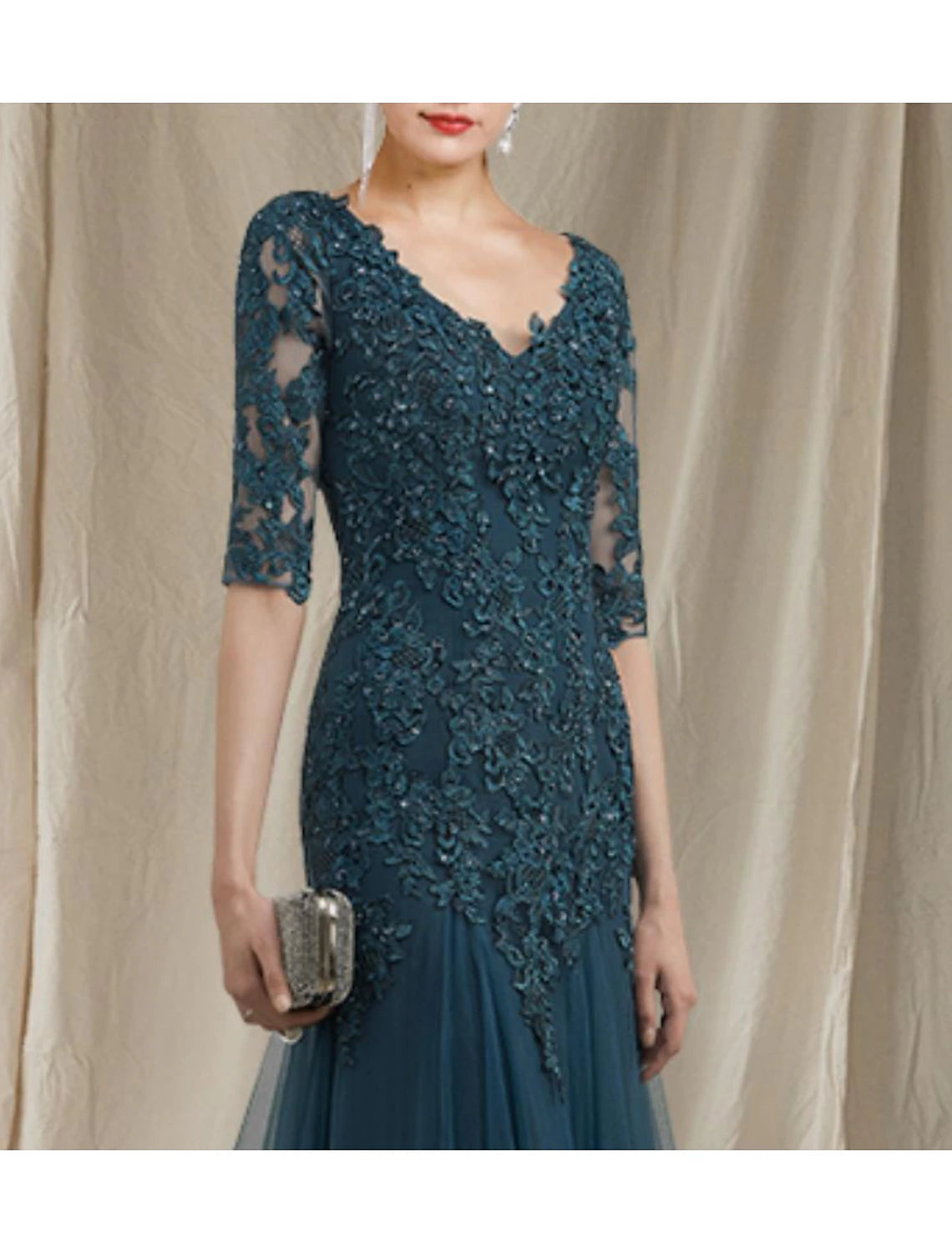 wholesale  A-Line Mother of the Bride Dress Elegant V Neck Sweep / Brush Train Lace Tulle Half Sleeve No with Ruffles Appliques