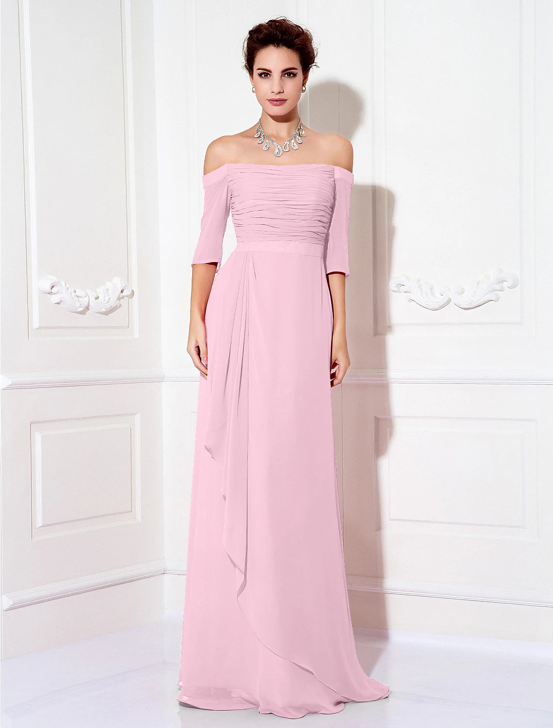 wholesa Sheath / Column Minimalist Dress Wedding Guest Formal Evening Sweep / Brush Train Half Sleeve Off Shoulder Bridesmaid Dress Chiffon with Ruched Draping