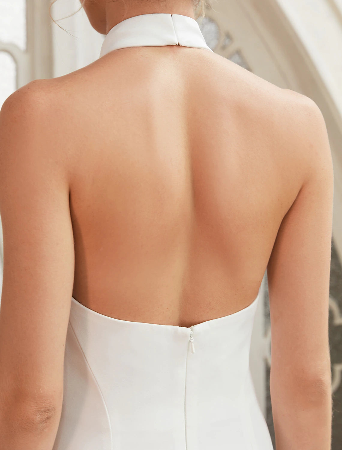 wholesale  Bridal Shower Casual Open Back Wedding Dresses Court Train Sheath / Column Regular Straps Halter Satin With Pleats