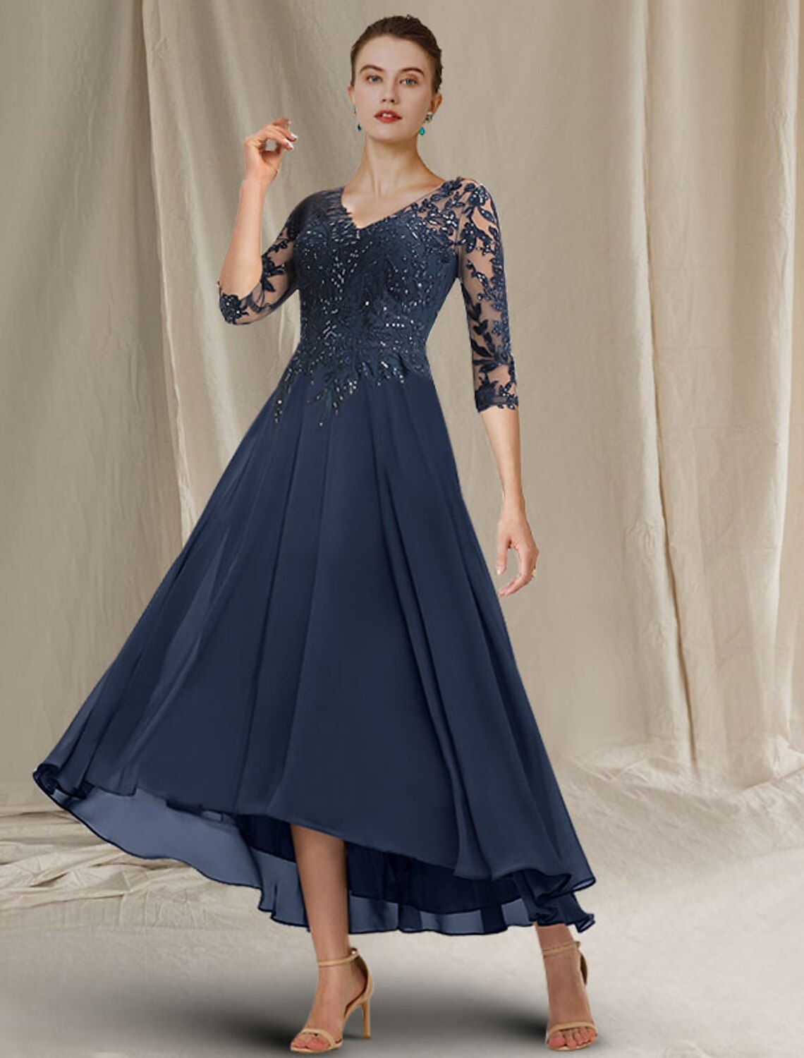 wholesale  A-Line Mother of the Bride Dress Elegant Sparkle & Shine High Low V Neck Asymmetrical Tea Length Chiffon Lace Half Sleeve with Sequin Ruffles Appliques