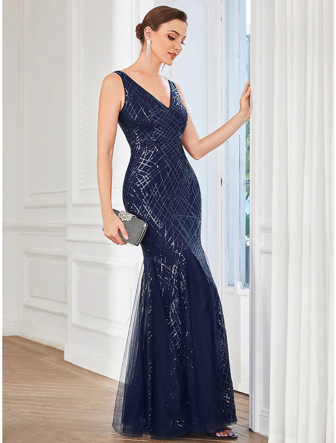 Wholesa A-Line Party Dresses Sparkle & Shine Dress Wedding Guest Valentine's Day Floor Length Sleeveless V Neck Tulle with Sequin