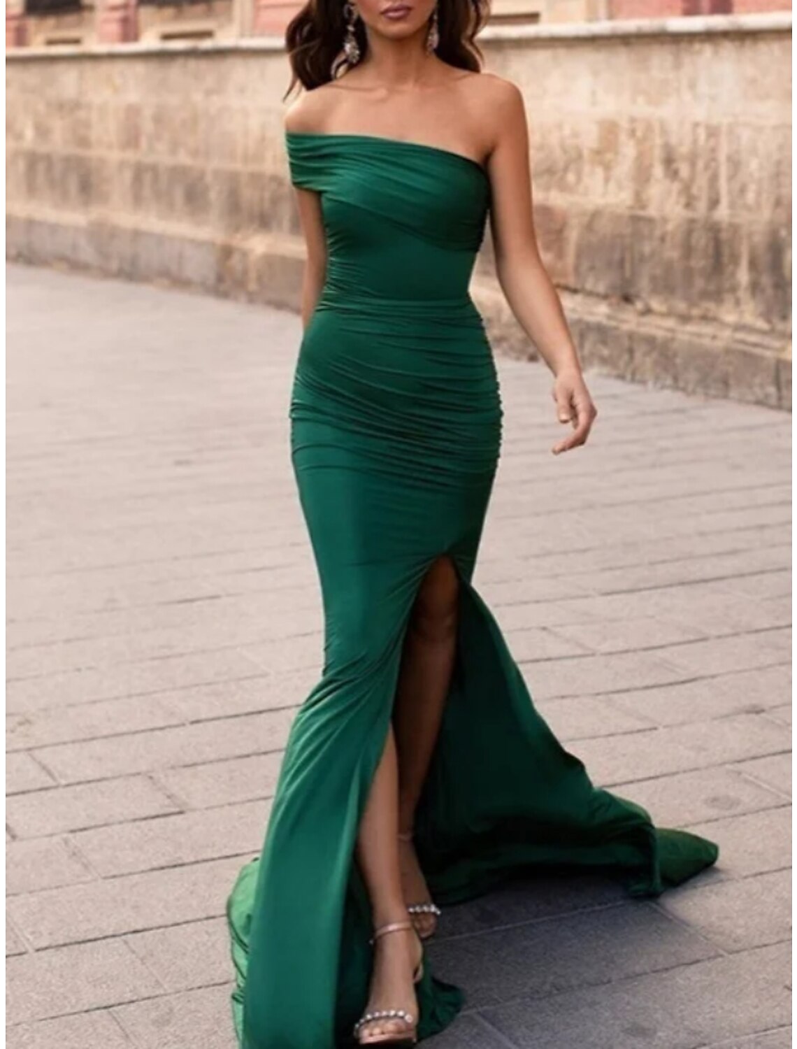 Wholesa Mermaid / Trumpet Evening Gown Elegant Dress Formal Court Train Christmas Red Green Dress Short Sleeve One Shoulder Stretch Fabric with Pleats Ruched Slit