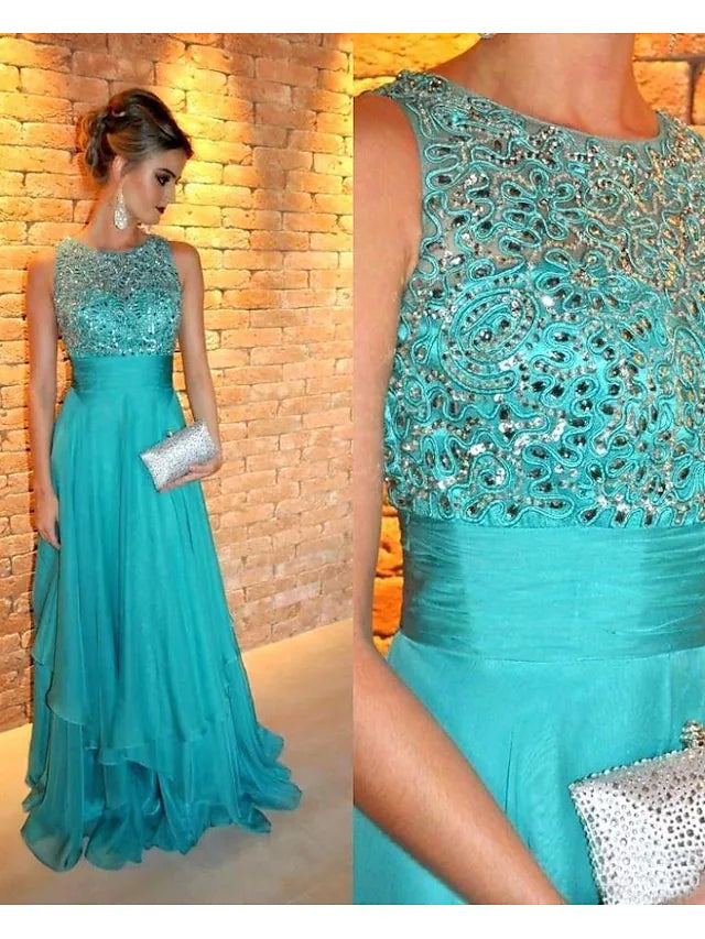 Wholesa A-Line Evening Gown Tiered Prom Dress Formal Sweep / Brush Train Sleeveless Jewel Neck Chiffon with Rhinestone