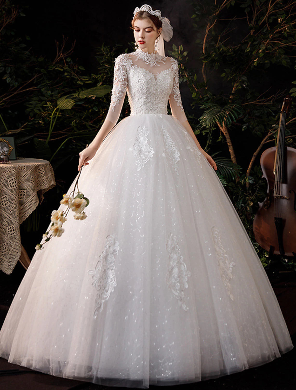 wholesale  Wedding Dresses Floor Length Ball Gown Half Sleeve High Neck Lace With Appliques