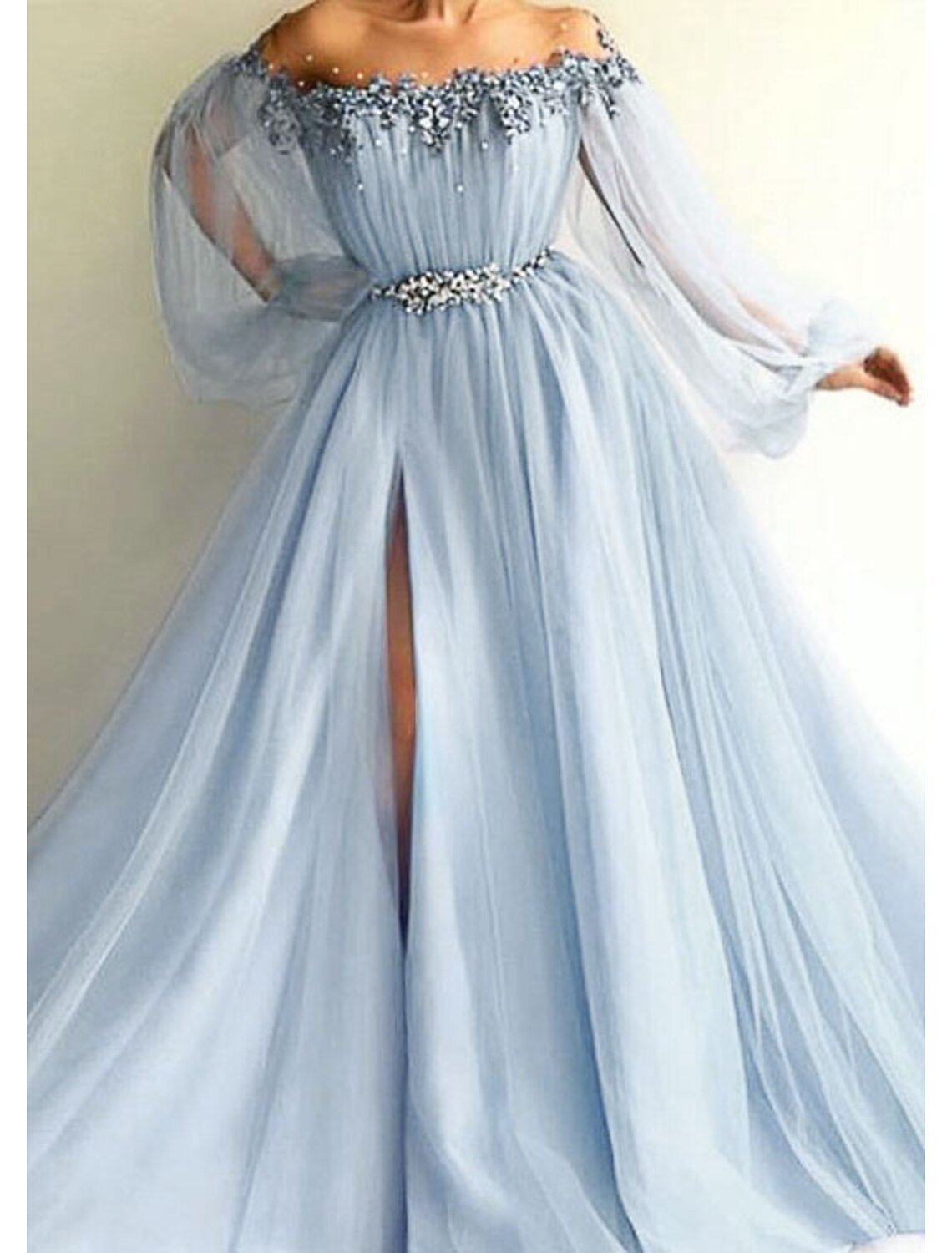 Wholesa A-Line Elegant Formal Evening Birthday Dress Off Shoulder Long Sleeve Sweep / Brush Train Tulle with Beading Appliques Split Front