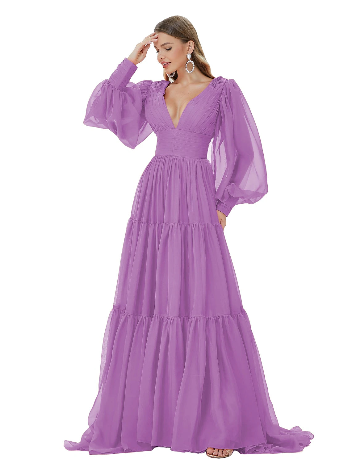 Wholesa A-Line Prom Dresses Sexy Dress Party Wear Formal Evening Sweep / Brush Train Long Sleeve V Neck Chiffon with Ruched