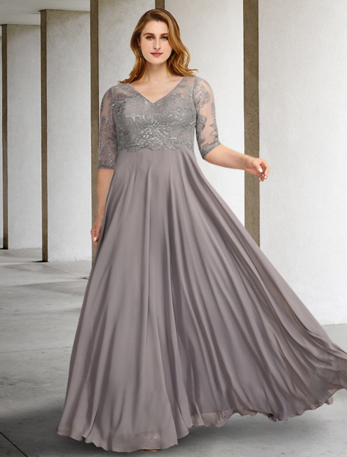 wholesale  A-Line Mother of the Bride Dresses Plus Size Hide Belly Curve Elegant Dress Formal Floor Length Half Sleeve V Neck Chiffon with Pleats Sequin Applique