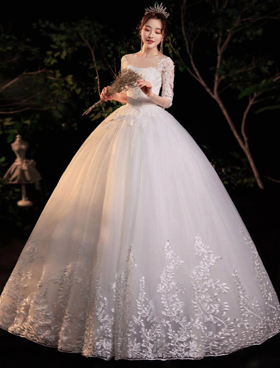 wholesale  Reception Formal Wedding Dresses Ball Gown Illusion Neck Half Sleeve Floor Length Lace Bridal Gowns With Appliques