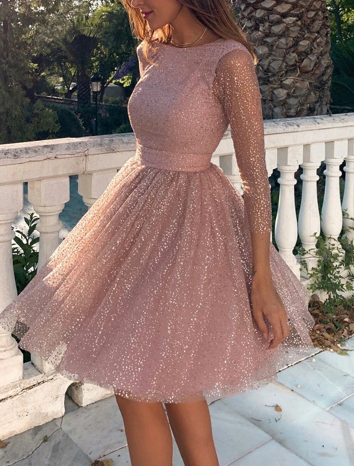Wholesa A-Line Glittering Cute Homecoming Cocktail Party Dress Dress Jewel Neck 3/4 Length Sleeve Knee Length Tulle with Pleats Sequin