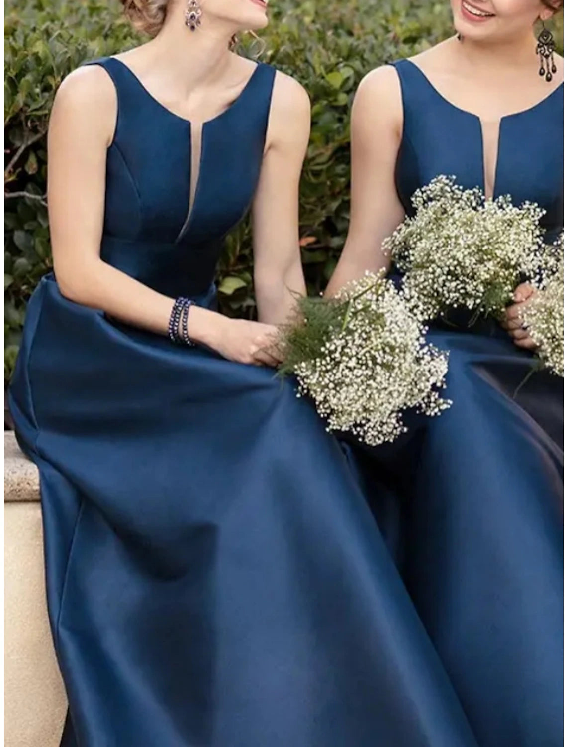 Wholesa  Sheath / Column Bridesmaid Dress Scoop Neck Sleeveless Blue Floor Length Satin with Pleats / Solid Color